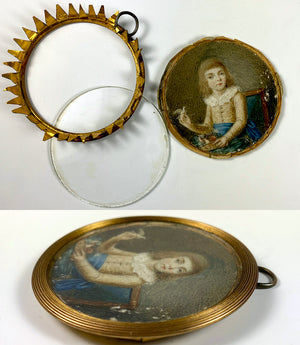 Antique Portrait Miniature of a Child, Boy with Pet Canary and Fruit, c.1780-1830