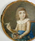 Antique Portrait Miniature of a Child, Boy with Pet Canary and Fruit, c.1780-1830