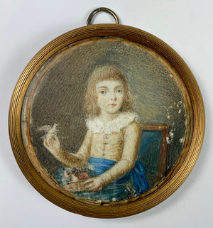 Antique Portrait Miniature of a Child, Boy with Pet Canary and Fruit, c.1780-1830