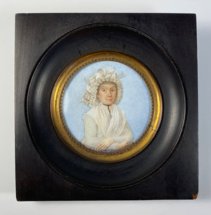 Antique French Portrait Miniature, 3/4 Pose, Woman in White Bonnet and Dress, Norwegian Cross Jewelry