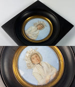 Antique French Portrait Miniature, 3/4 Pose, Woman in White Bonnet and Dress, Norwegian Cross Jewelry