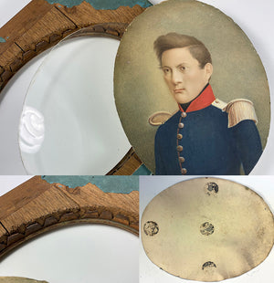 Antique Portrait Miniature, Painting of a Soldier in Uniform, Epaulettes, Wood Frame