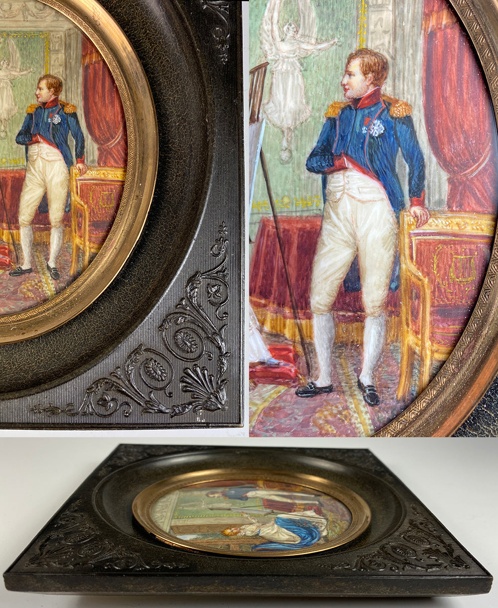 Antique French Grand Tour Souvenir Miniature Portrait, Napoleon and Marie-Louise, Interior, Gutta Percha Frame