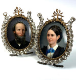 PAIR (2) Antique Portrait Miniatures, Couple on Porcelain Plaques, French Paste Gem Frames
