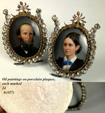 PAIR (2) Antique Portrait Miniatures, Couple on Porcelain Plaques, French Paste Gem Frames