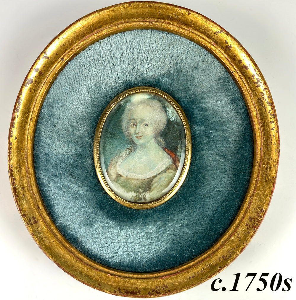 Antique French Portrait Miniature, 3/4 Pose, Woman in White Bonnet