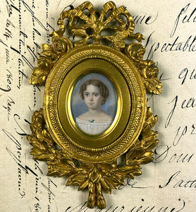 Elegant Antique French Portrait Miniature of a Child, a Girl of 7-8 Years, Elaborate Dore Bronze Frame