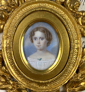 Elegant Antique French Portrait Miniature of a Child, a Girl of 7-8 Years, Elaborate Dore Bronze Frame