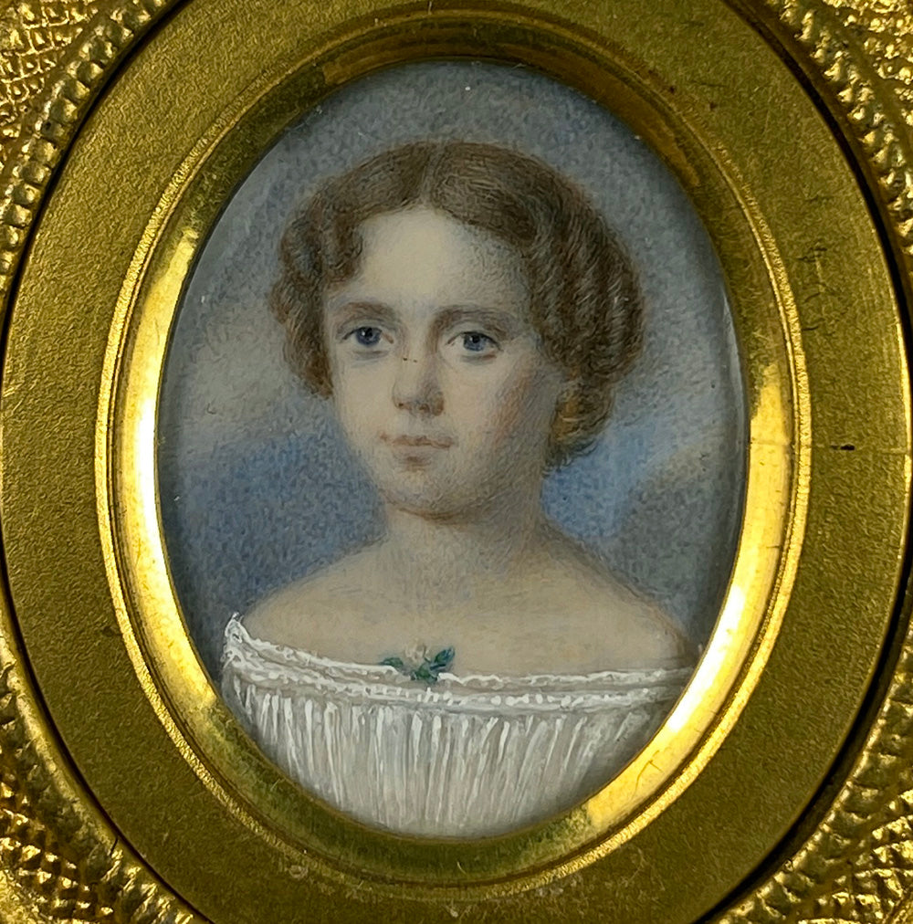 Elegant Antique French Portrait Miniature of a Child, a Girl of 7-8 Years, Elaborate Dore Bronze Frame