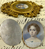 Elegant Antique French Portrait Miniature of a Child, a Girl of 7-8 Years, Elaborate Dore Bronze Frame