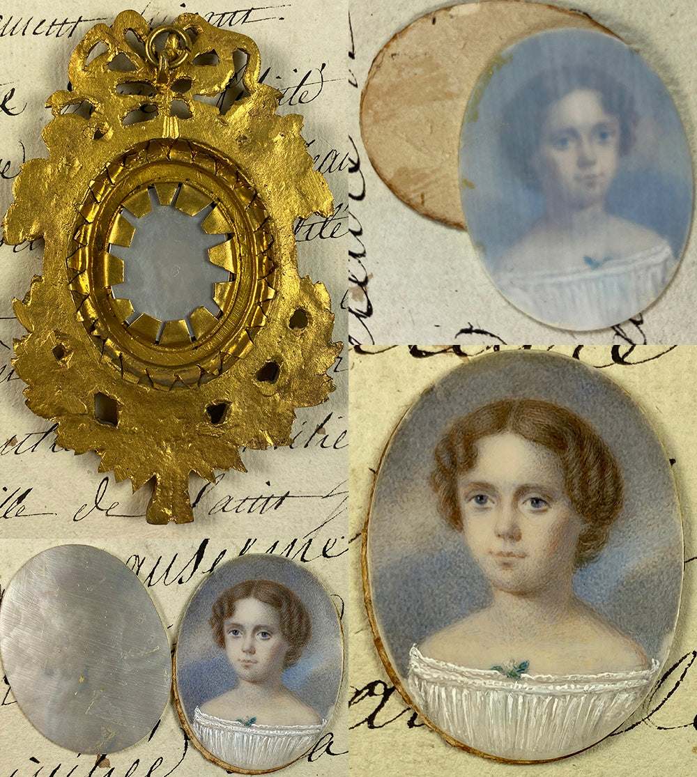 Elegant Antique French Portrait Miniature of a Child, a Girl of 7-8 Years, Elaborate Dore Bronze Frame