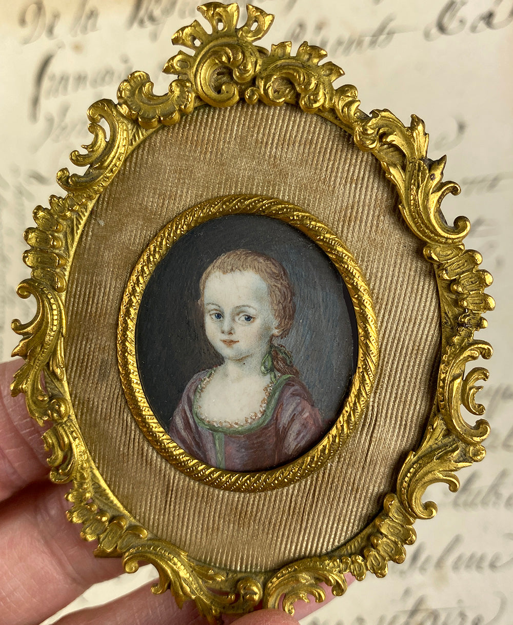 RARE Antique French Portrait Miniature of a Child, a Girl, c.late 1700s, Elegant French Easel Frame