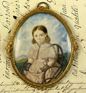 Rare Antique Victorian Era Portrait Miniature of a Child, Young Girl, Wicker Chair, Lace Half-gloves