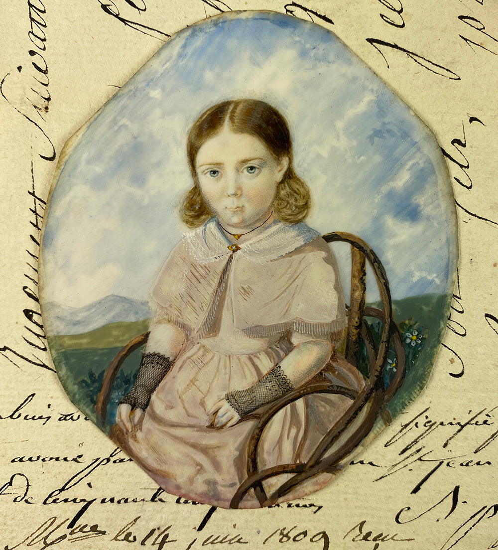 Rare Antique Victorian Era Portrait Miniature of a Child, Young Girl, Wicker Chair, Lace Half-gloves