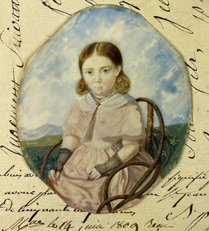 Rare Antique Victorian Era Portrait Miniature of a Child, Young Girl, Wicker Chair, Lace Half-gloves