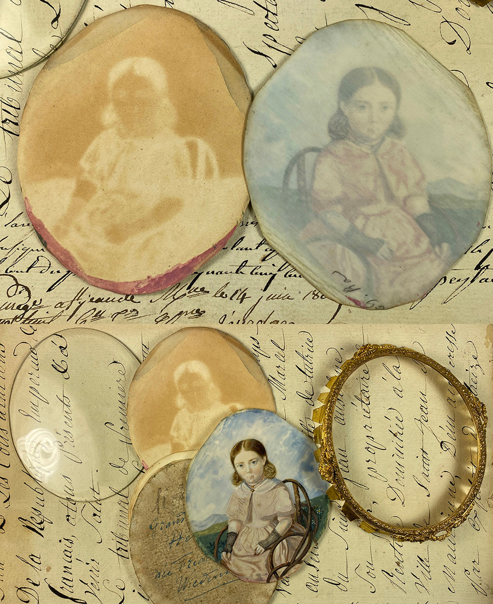 Rare Antique Victorian Era Portrait Miniature of a Child, Young Girl, Wicker Chair, Lace Half-gloves