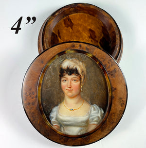 Large 4" Antique Prussian Portrait Miniature Snuff Box, Burled Wood, Shell Lined