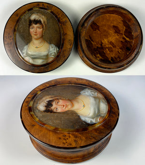 Large 4" Antique Prussian Portrait Miniature Snuff Box, Burled Wood, Shell Lined