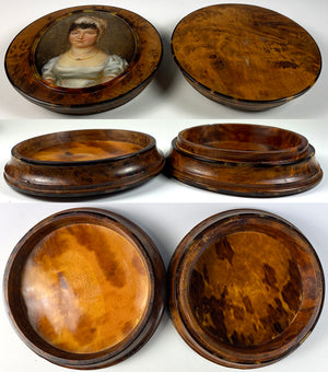 Large 4" Antique Prussian Portrait Miniature Snuff Box, Burled Wood, Shell Lined