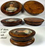 Large 4" Antique Prussian Portrait Miniature Snuff Box, Burled Wood, Shell Lined