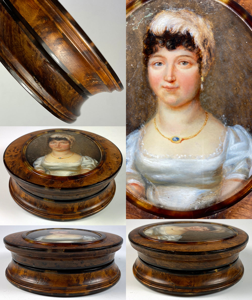 Large 4" Antique Prussian Portrait Miniature Snuff Box, Burled Wood, Shell Lined