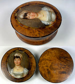 Large 4" Antique Prussian Portrait Miniature Snuff Box, Burled Wood, Shell Lined