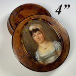 Large 4" Antique Prussian Portrait Miniature Snuff Box, Burled Wood, Shell Lined