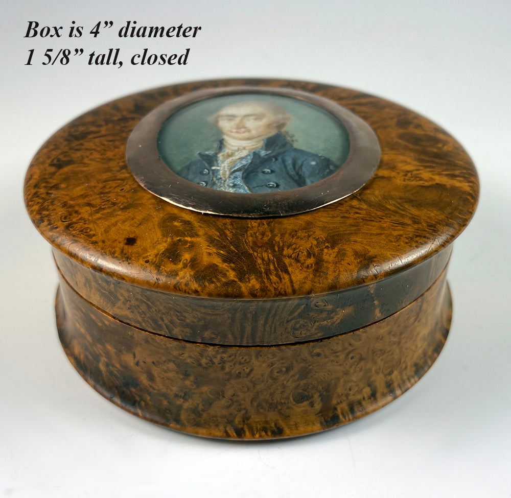 Elegant c.1780s Man, a Large Antique Portrait Miniature Table Snuff Box, 4" Diam, 12k Mount