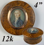 Elegant c.1780s Man, a Large Antique Portrait Miniature Table Snuff Box, 4" Diam, 12k Mount