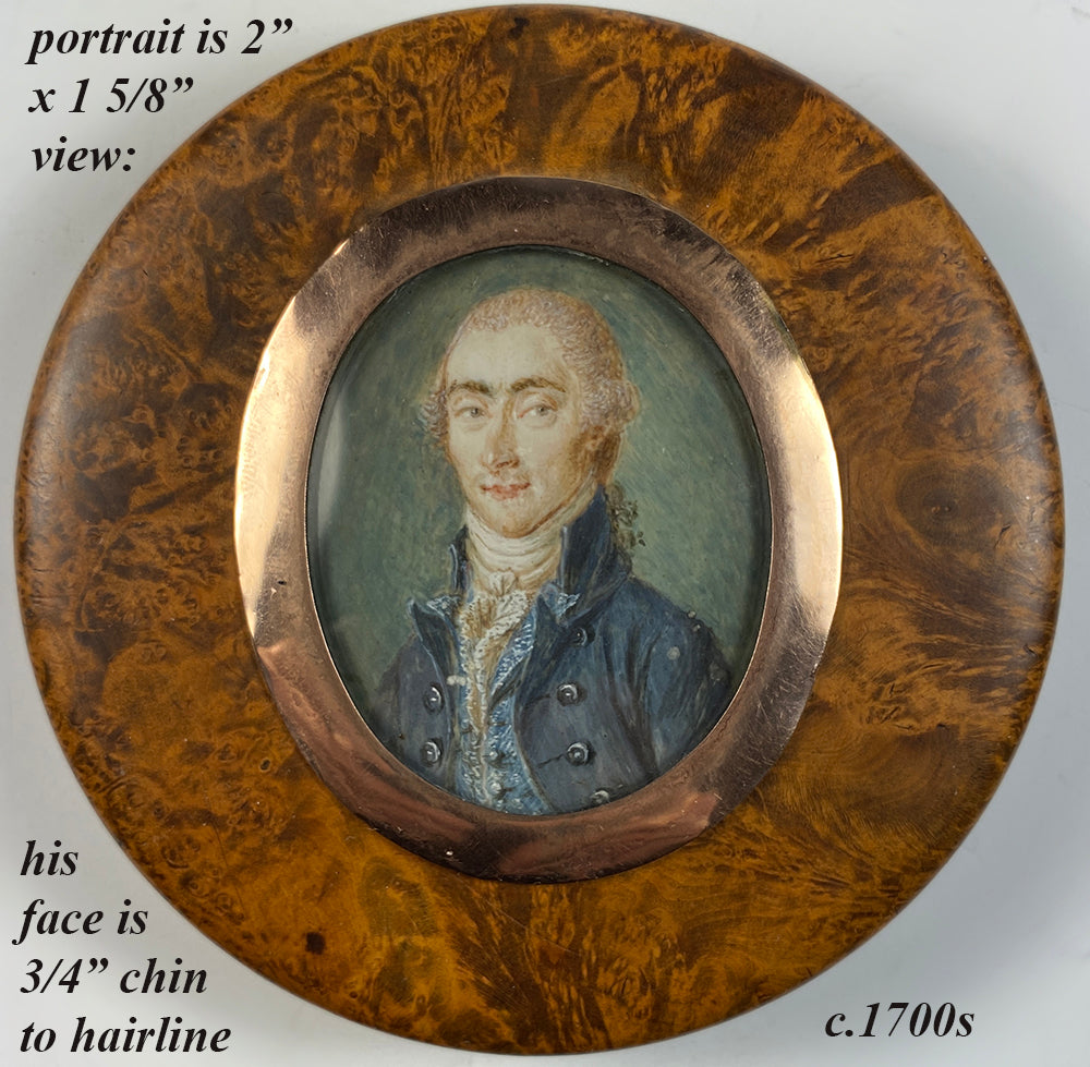 Elegant c.1780s Man, a Large Antique Portrait Miniature Table Snuff Box, 4" Diam, 12k Mount