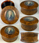 Elegant c.1780s Man, a Large Antique Portrait Miniature Table Snuff Box, 4" Diam, 12k Mount