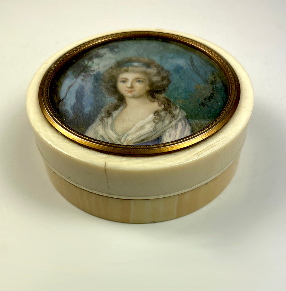 Antique French Grand Tour Souvenir Snuff or Patch Box, Portrait Miniature of Marie-Antoinette, Signed