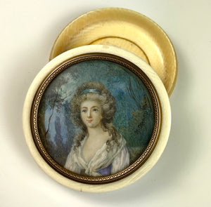 Antique French Grand Tour Souvenir Snuff or Patch Box, Portrait Miniature of Marie-Antoinette, Signed