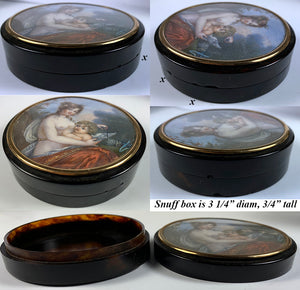 Fine Antique French Snuff Box, Portrait Miniature Painting Psyche, Cupid, Tortoise Shell