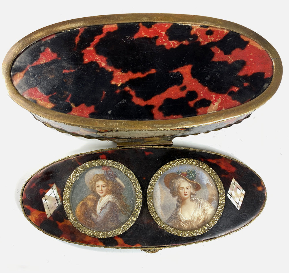 Antique 5 5/8" Long French Grand Tour Souvenir Box, Snuff, 2 Portrait Miniatures Vigee LeBrun, M-A