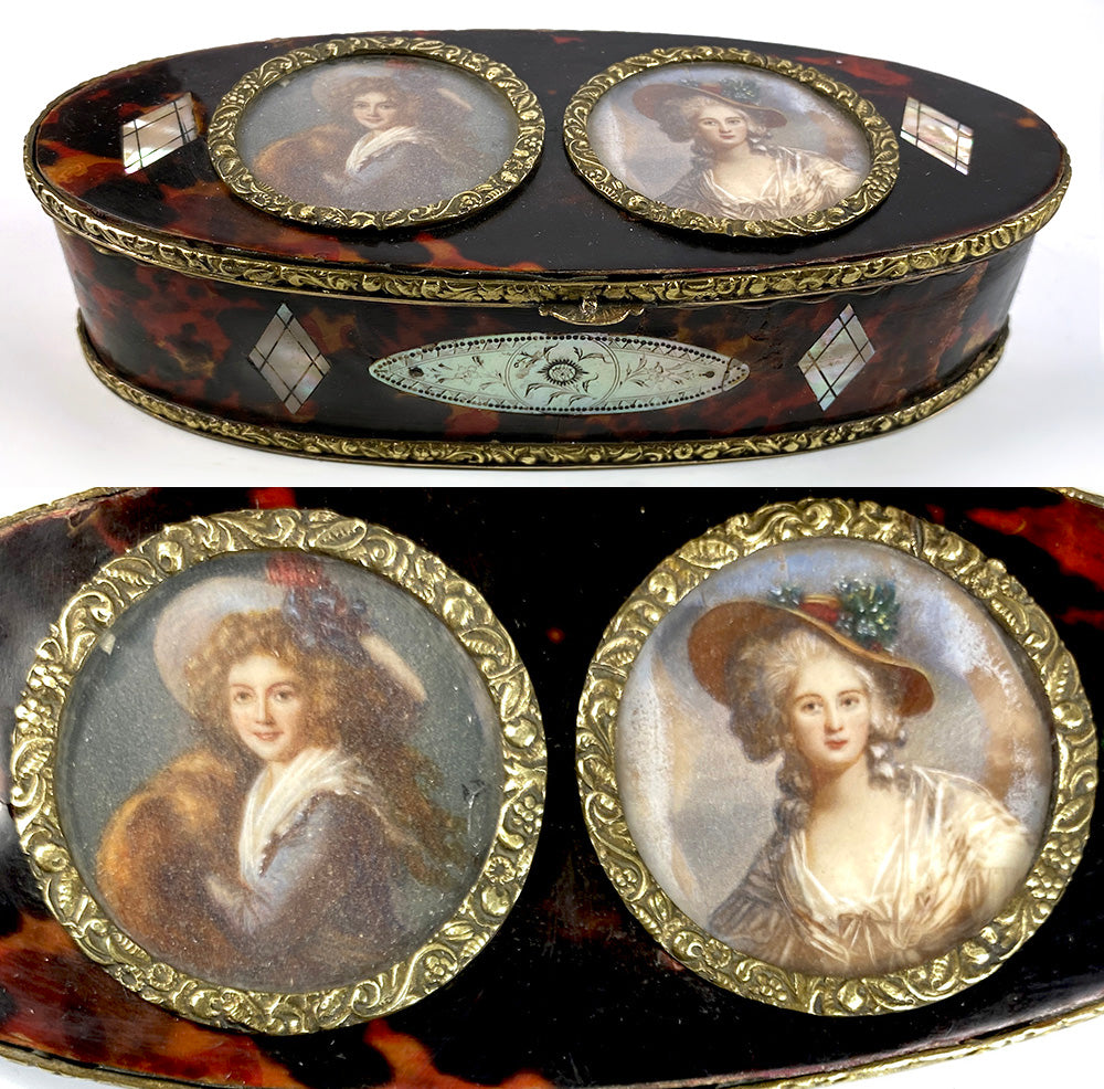 Antique 5 5/8" Long French Grand Tour Souvenir Box, Snuff, 2 Portrait Miniatures Vigee LeBrun, M-A