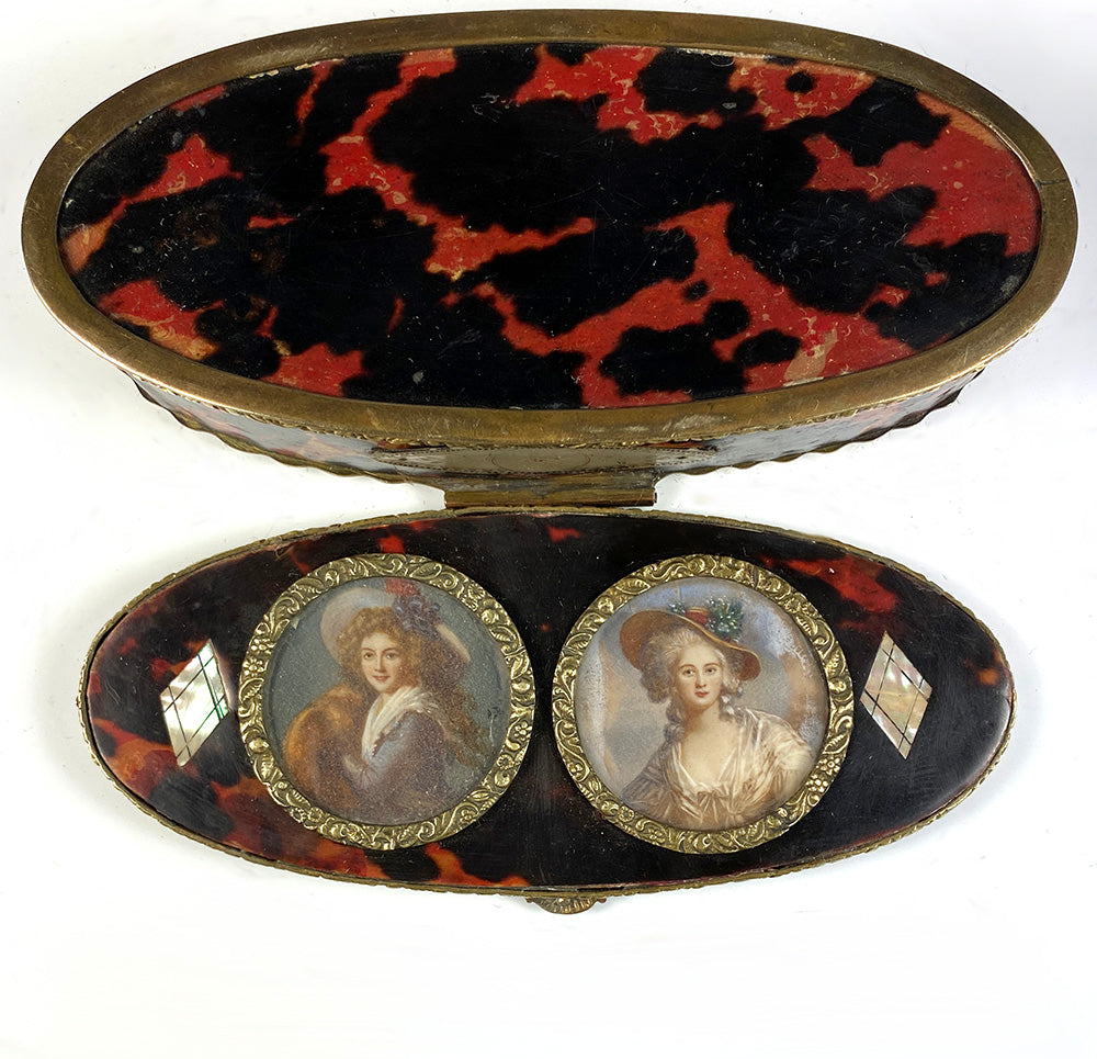 Antique 5 5/8" Long French Grand Tour Souvenir Box, Snuff, 2 Portrait Miniatures Vigee LeBrun, M-A