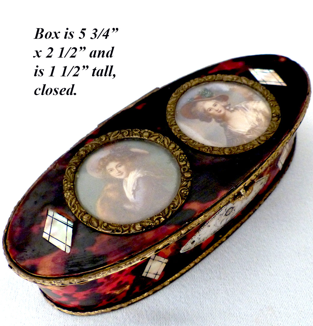 Antique 5 5/8" Long French Grand Tour Souvenir Box, Snuff, 2 Portrait Miniatures Vigee LeBrun, M-A