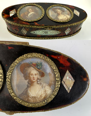 Antique 5 5/8" Long French Grand Tour Souvenir Box, Snuff, 2 Portrait Miniatures Vigee LeBrun, M-A