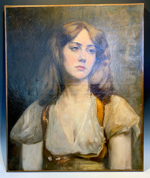 Antique French Oil Painting, Portrait of a Beautiful Young Woman, Naughty, 25.5" x 21.25", no Frame