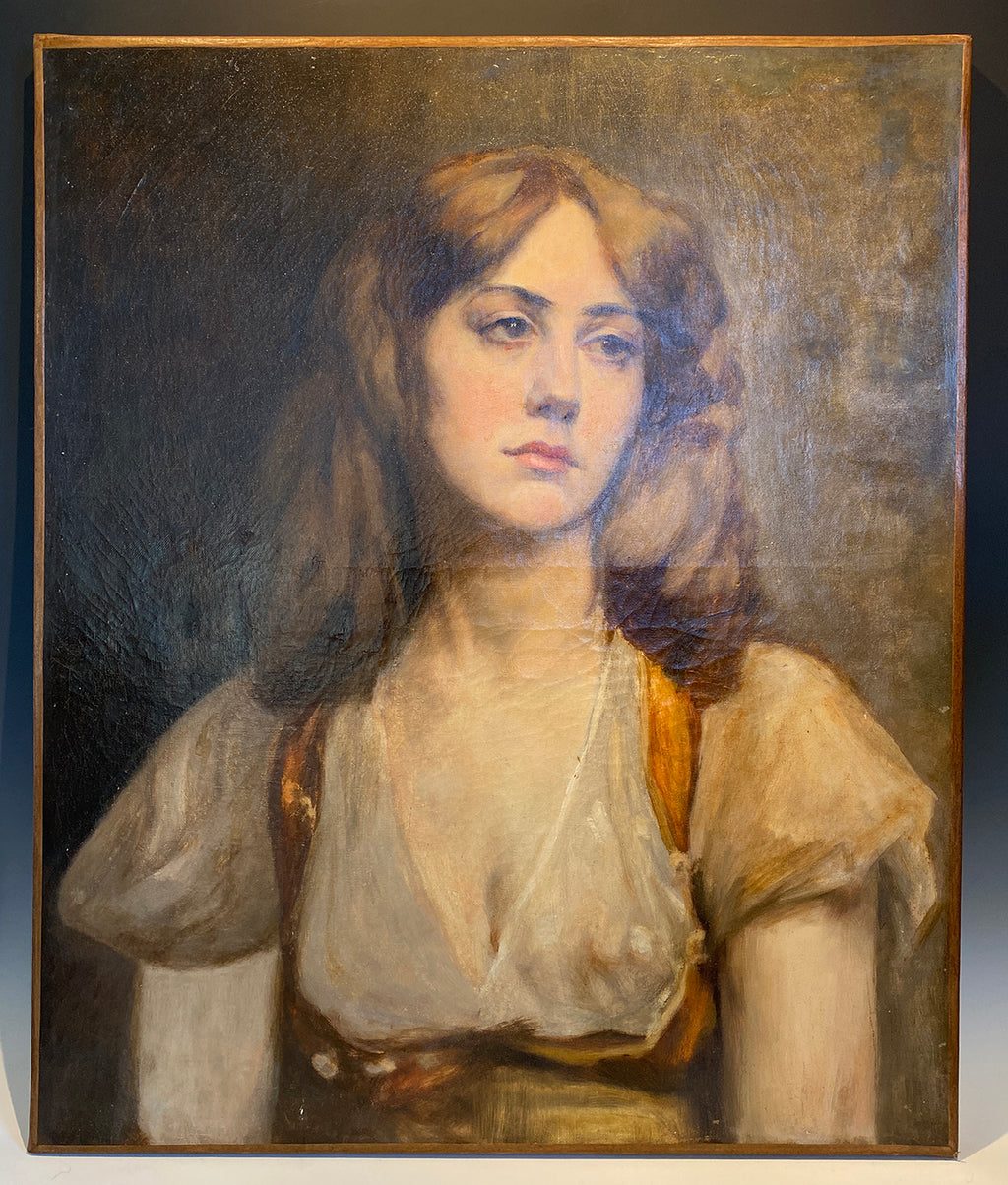 Antique French Oil Painting, Portrait of a Beautiful Young Woman, Naughty, 25.5" x 21.25", no Frame