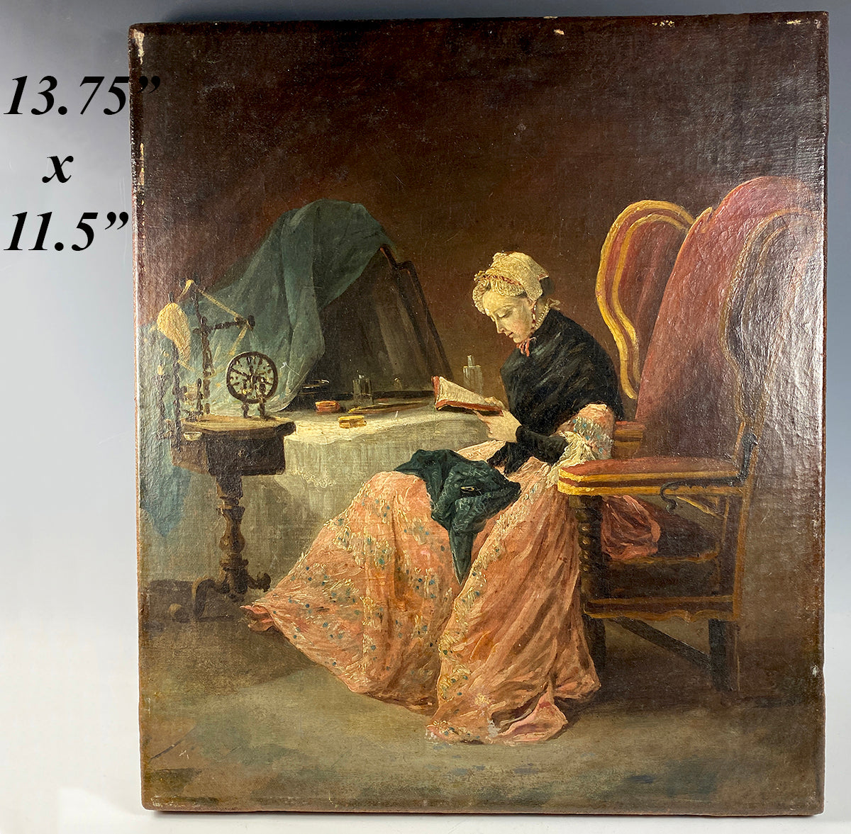 Antique 19th c. French 13.75" x 11.5" Oil Painting, Interior with Woman, Sewing, Reading