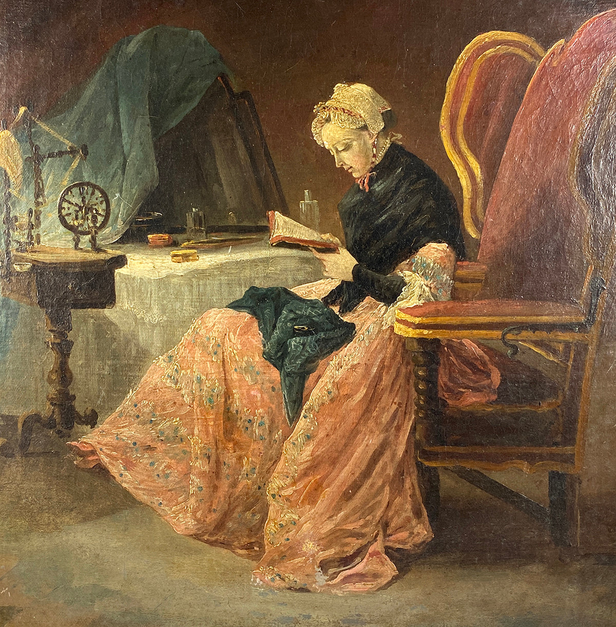 Antique 19th c. French 13.75" x 11.5" Oil Painting, Interior with Woman, Sewing, Reading