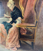 Antique 19th c. French 13.75" x 11.5" Oil Painting, Interior with Woman, Sewing, Reading