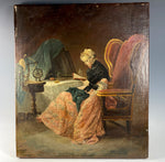 Antique 19th c. French 13.75" x 11.5" Oil Painting, Interior with Woman, Sewing, Reading