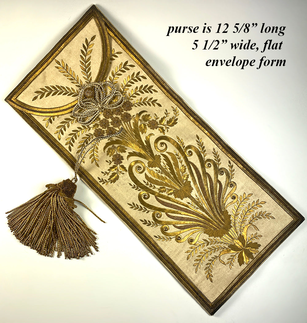 Antique Early c1800s French Gold Metallic Embroidery on Silk, Document Pouch or Purse, Louis Philippe