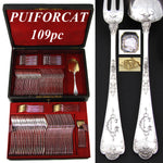 Exquisite Antique French PUIFORCAT Sterling Silver 109pc Gothic Style Flatware Set, a 6pc Setting for 18!