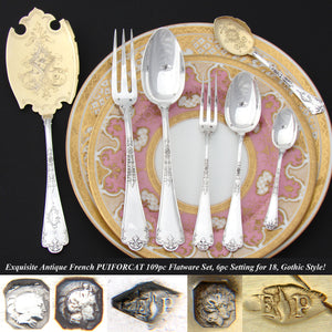 Exquisite Antique French PUIFORCAT Sterling Silver 109pc Gothic Style Flatware Set, a 6pc Setting for 18!