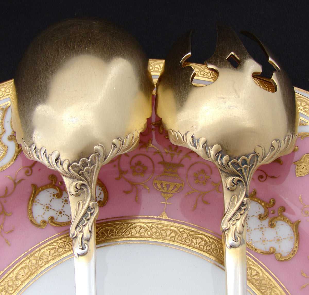 Antique French PUIFORCAT 18k Gold on Sterling Silver "Vermeil" 10.25" Salad Serving Pair