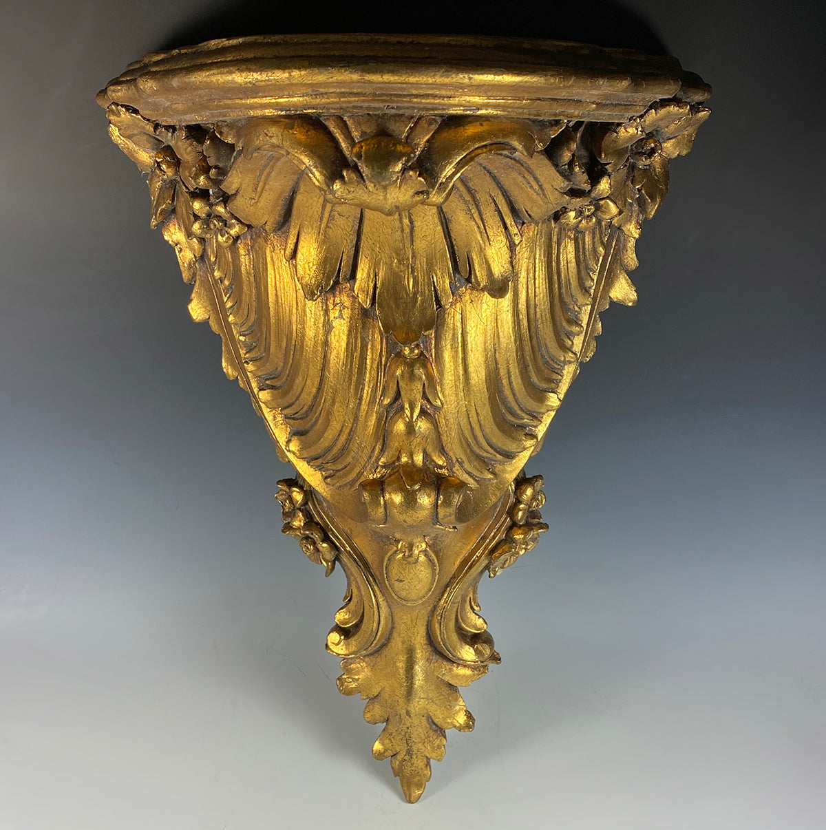 Fabulous 19th c. French or Italian Carved Wood Gilded 17" Bracket or Clock Shelf